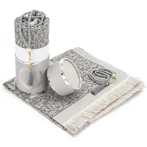 Muslim Prayer Rug and Prayer Beads with Elegant Cylinder  Box | Janamaz | Sajadah | Soft Islamic Prayer Rug | Islamic Gifts Set | Prayer Carpet Mat, Taffeta Fabric, Grey