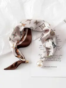 Pearl Necklace with Magnetic Buckle and Scarf Pendant, Elegant Stylish Women's Satin Neck Scarf for All Seasons, Fashionable Accessory for Mother's Day Valentine Birthday Gifts, Floral Print Scarf