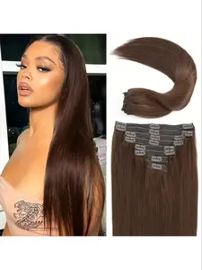 Chocolate Brown Clip-In Straight Hair Extensions, 14-28 Inch Real Human Hair, Natural Look, Easy Install, No Glue Needed, Glueless Clip In, Women's Hair