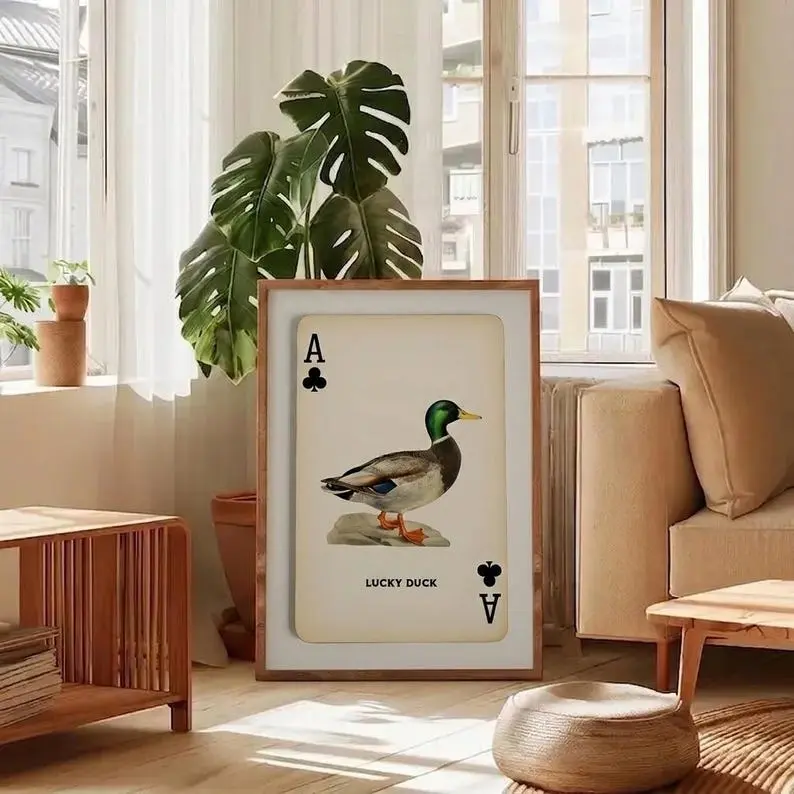 Lucky Duck Ace of Clubs Print, Vintage Mallard Duck Wall Art, Retro Hunting Decor