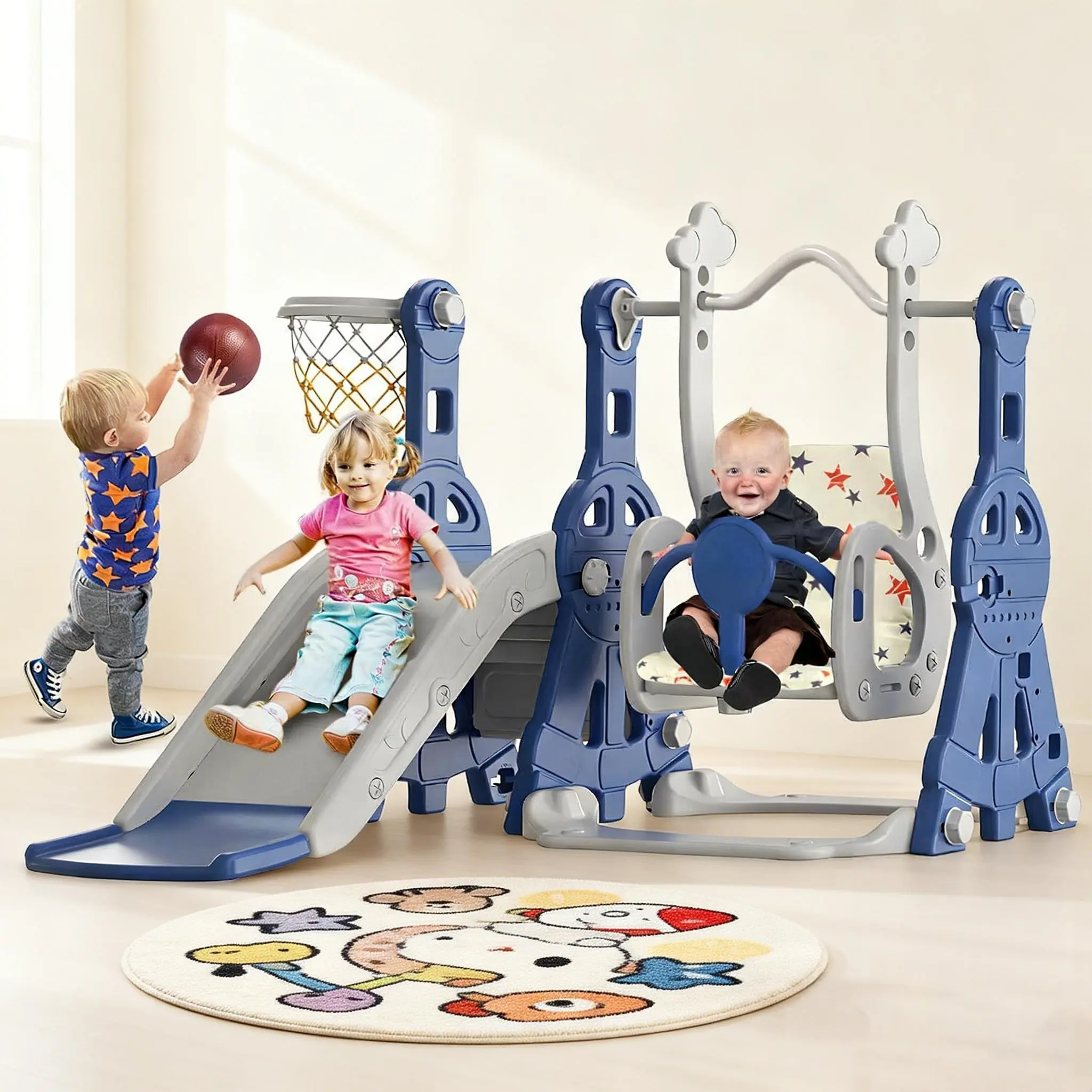BIERUM Unisex 4-in-1 Toddler Slide Playset - Swing Set, Basketball Hoop - Indoor Outdoor Home Playground Equipment for 1-3 Years Old Kids