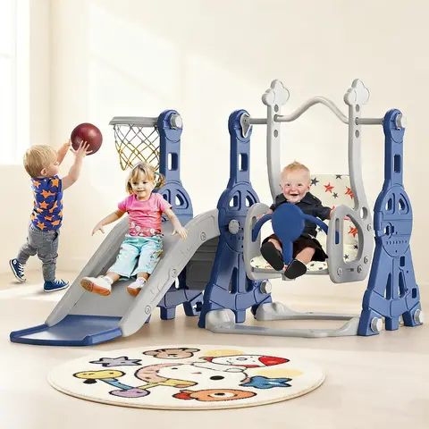 BIERUM Unisex 4-in-1 Toddler Swing+Slide Playset - Safe Playground Equipment, 1-3 Years, ASTM/CPSIA Certified HDPE, Closed-Step Climb, Basketball Hoop, Detachable Cushion, Balance-Boosting Kids Toys, Indoor/Outdoor (57.2"x47.2"x33.8"), Birthday Gift