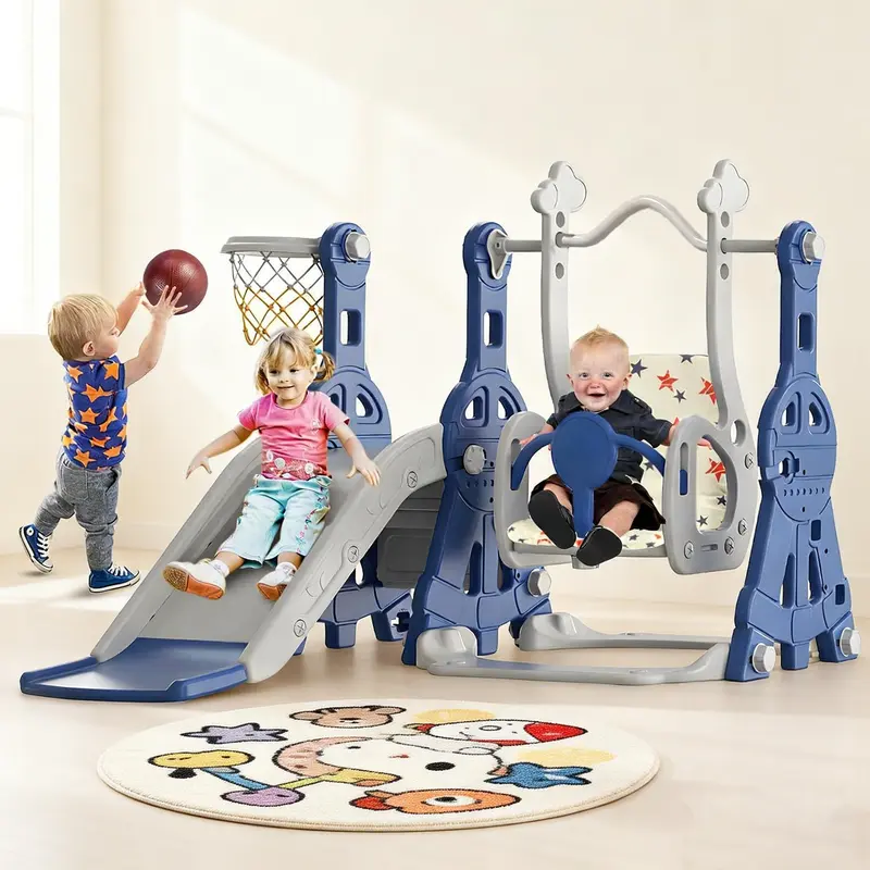 BIERUM Unisex 4-in-1 Toddler Swing+Slide Playset - Safe Playground Equipment, 1-3 Years, ASTM/CPSIA Certified HDPE, Closed-Step Climb, Basketball Hoop, Detachable Cushion, Balance-Boosting Kids Toys, Indoor/Outdoor (57.2"x47.2"x33.8"), Birthday Gift