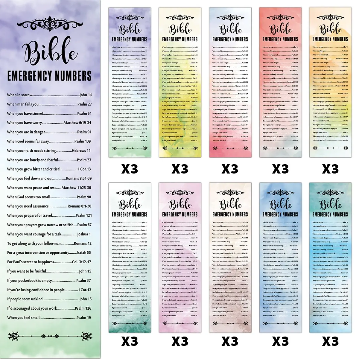 30 Pcs Watercolor Design Christian Inspirational Quotes Bible Bookmark Set, Religious Scripture Bookmarks, emergency numbers, Welcome Thankyou Gift, Church Sunday School Supplies