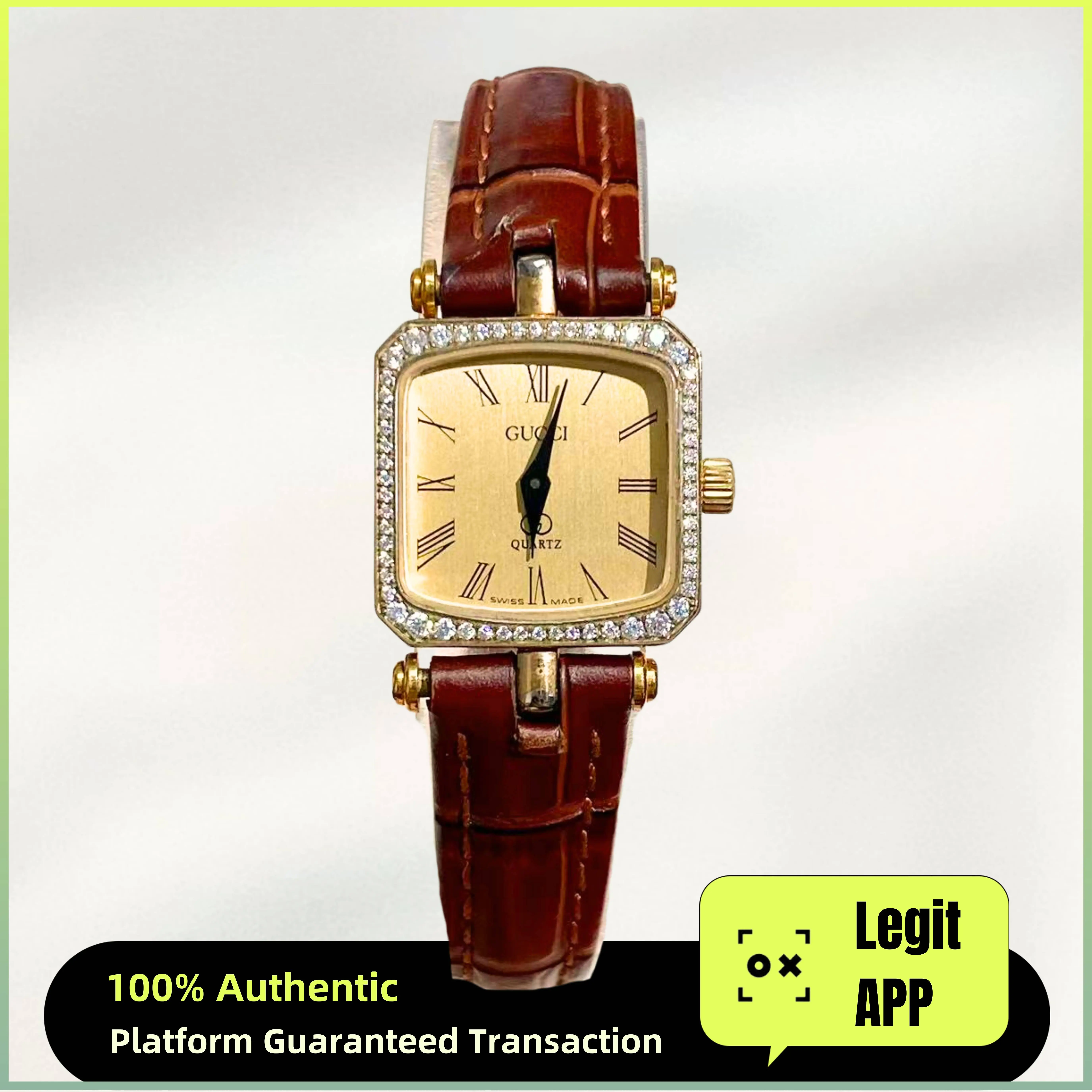 Gucci Vintage 21.5mm Quartz - Gold Dial, Leather Strap, Two-Tone & Diamond-Set Caseback Ladies Watch 11907740