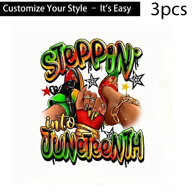 3pcs Steppin' into Juneteenth Heat Transfer Stickers, High-Definition Durable Plastic Craft DIY Iron-On Patches for T-shirts, Pillows, Backpacks, Pants, Couch Covers - Waterproof, Fade-Resistant