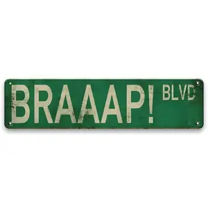 1 Vintage Metal Wall Sign - Braaap BLVD Street Motocross Racing Decor for Garage, Man Cave or Off-Road Enthusiast, 4" x 16", Green Distressed Finish, Includes Moung Holes, Motorcycle Accessory
