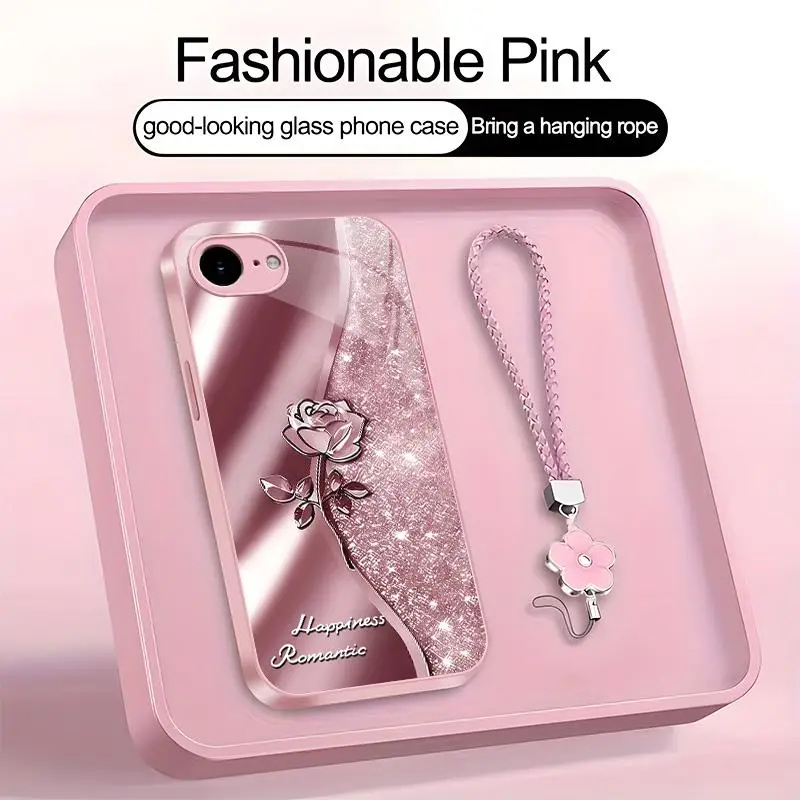Suitable for [iPhone 16e] high-end phone case，a beautiful four-leaf clover lanyard is included,printed case, no glitter，exquisite high-quality rose pattern,a variety of colors are available for you to choose from YM99