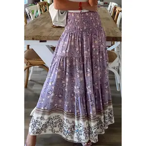 Purple Floral Print Shirred High Waist Maxi Skirt