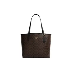 COACH City 33 Signature Canvas and Leather Tote Bag for Women in Dark Brown