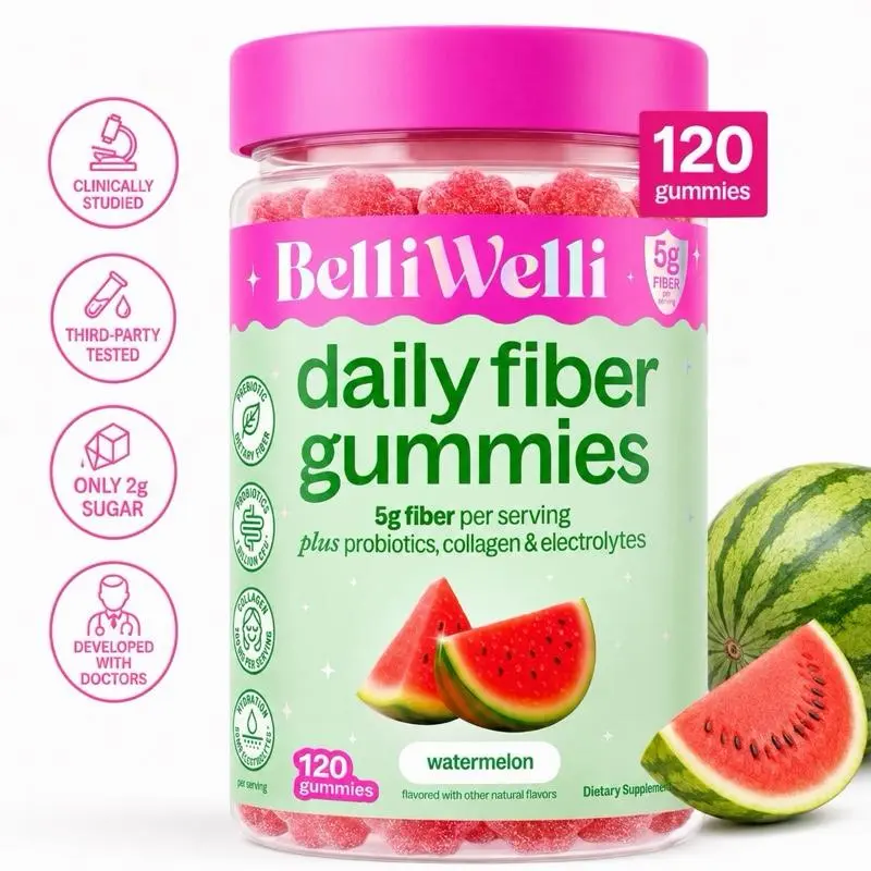 BelliWelli Daily Fiber Watermelon Gummies 120ct - 5g Fiber per Serving with Probiotics & Collagen for Digestion Regularity & Constipation Support Digestive Wellness Collagen Boosting Gummies Collagen Refines Skin
