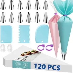 Piping Bags and Tips Set, 120 count Cake Decorating Kit with 100 count 12 Inch Disposable Pastry Bags, 1  Piping Bags, 12 Piping Tips, 3 Cake Scraper, 2 Couplers, 2 Bag Ties, Baking Supplies