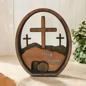 Wooden Easter Empty Tomb Cross 3D Scene, Jesus Christmas Religious Decoration, Home Office Desktop Ornament, Holiday Decor, Stylish Religious Decor
