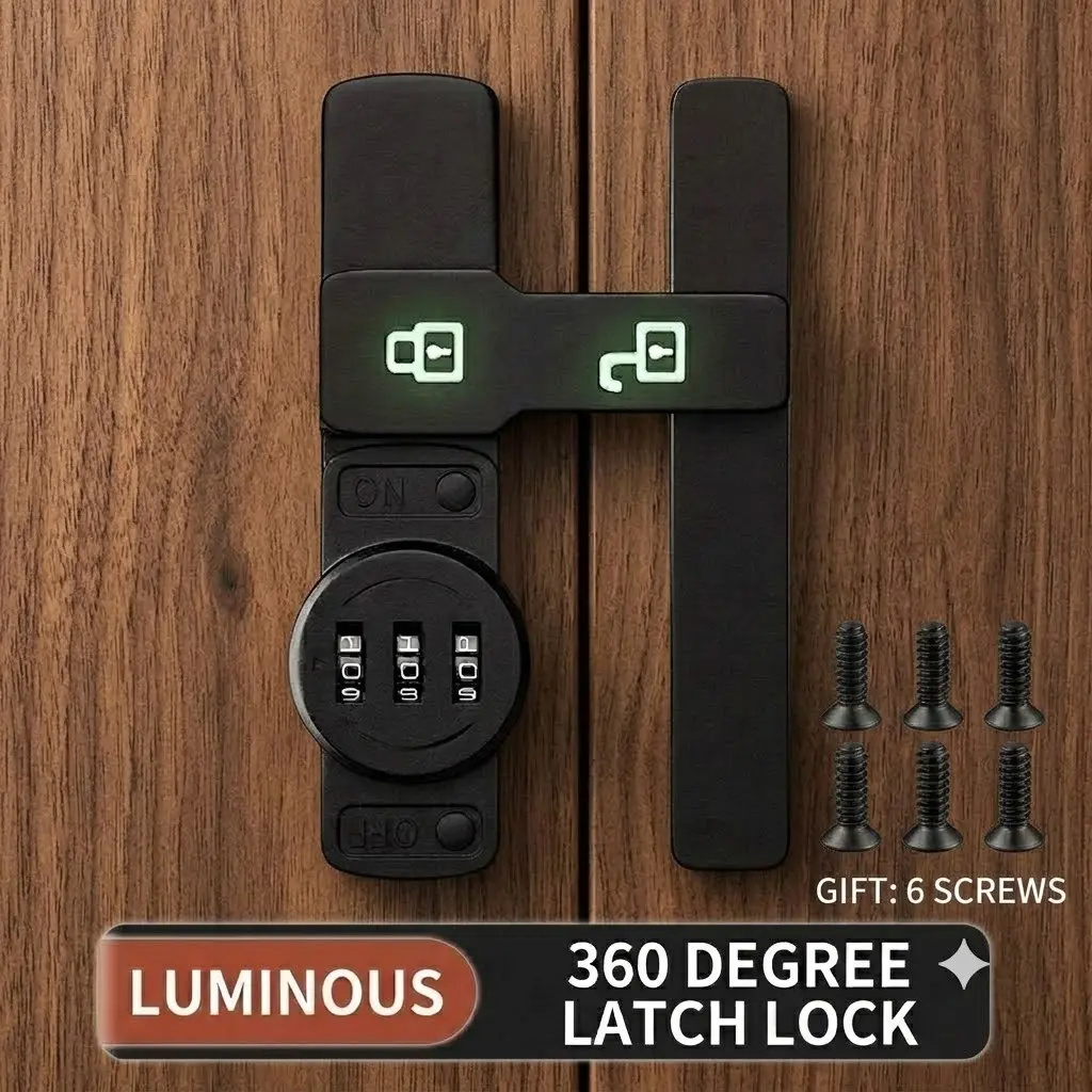 Glow-in-the-Dark Keyless Barn Door Lock - 360° Adjustable Privacy Latch with Anti-Jamming Dial, Easy DIY Installation for Home Security