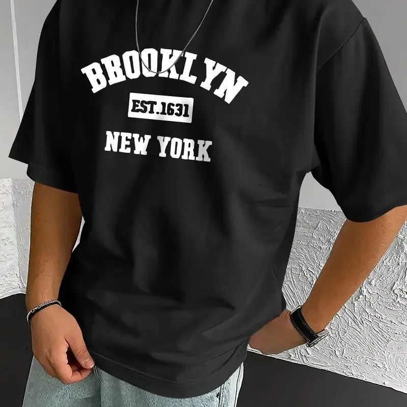 Men's Soft 100% Cotton Short-Sleeve Round Neck Brooklyn New York Graphic T-Shirt - Classic Fit, Casual Everyday Menswear, Refer to Size Chart, Crew Neck, Digital Print, Unisex, Brooklyn Graphic Men's Short-Sleeve T-Shirts, All Seasons