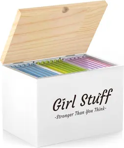 Tampon Holder for Bathroom - Discreet Feminine Product Organizer with Lid & Wood Pad, Shark Week Tampon Storage Box, Stylish Girl Stuff Organizer for Bathroom, White