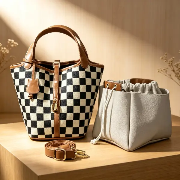 Vintage Checkerboard Bucket Bag for Women Retro Plaid Tote Handbag With Detachable Adjustable Shoulder Strap Removable Inner Liner Pouch Casual Crossbody Purse For Daily Work Travel