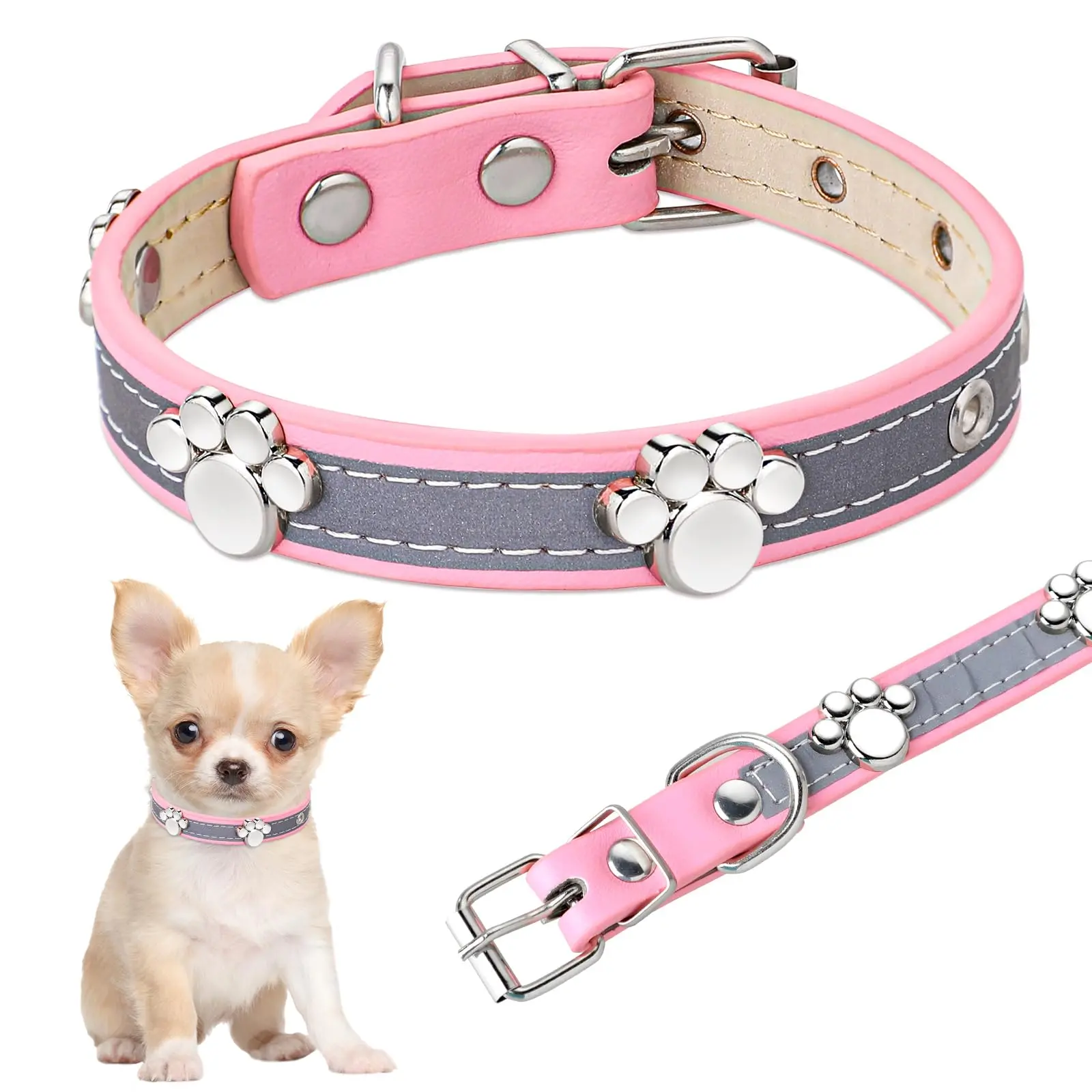 Dog Basic Reflective Leather Collar - Pink, with Paw Rivet Detail