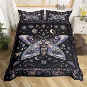 Feelyou Moth Motif Polyester Fiber Duvet Cover Set - Black and Purple, Boho Vibe Galaxy Theme, Moon, Stars, Butterfly Wildlife, Multi-Size Sets, Machine Washable (No Comforter)