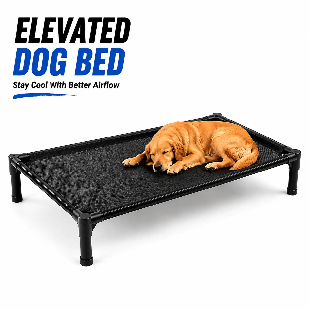 Breathable elevated cooling dog bed, XL raised pet cot with Teslin mesh, waterproof outdoor camping bed, durable metal frame