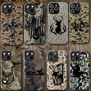 Hunting Camo Phone Case, Deer Antlers & Cross Design, Wolf Forest Silhouette, Bottomland Camouflage Phone Cover for iPhone and Samsung