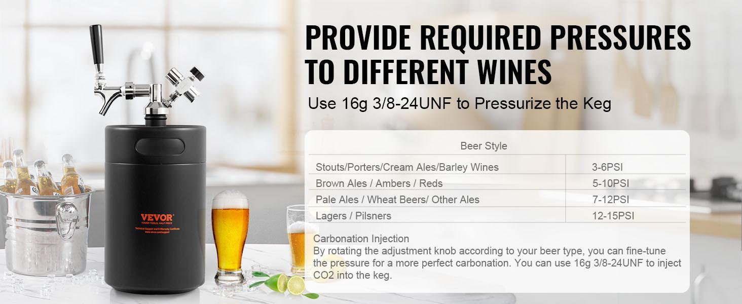 VEVOR Beer Growler Tap System, 170Oz 5L Mini Keg, 304 Stainless Steel Pressurized Beer Growler, Keg Growler with Pressure Display, CO2 Regulator Faucet, Leak-Proof Ring For Draft, Homebrew, Craft Beer