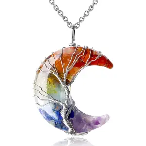 [Spiritual Crystal Necklace] 1pc Wire-Wrapped Crescent Moon Pendant 7 Chakra Crystal Necklace with Tree of Life - Colorful Natural Resin Gemstones, Reiki Spiritual Jewelry Gift for Women