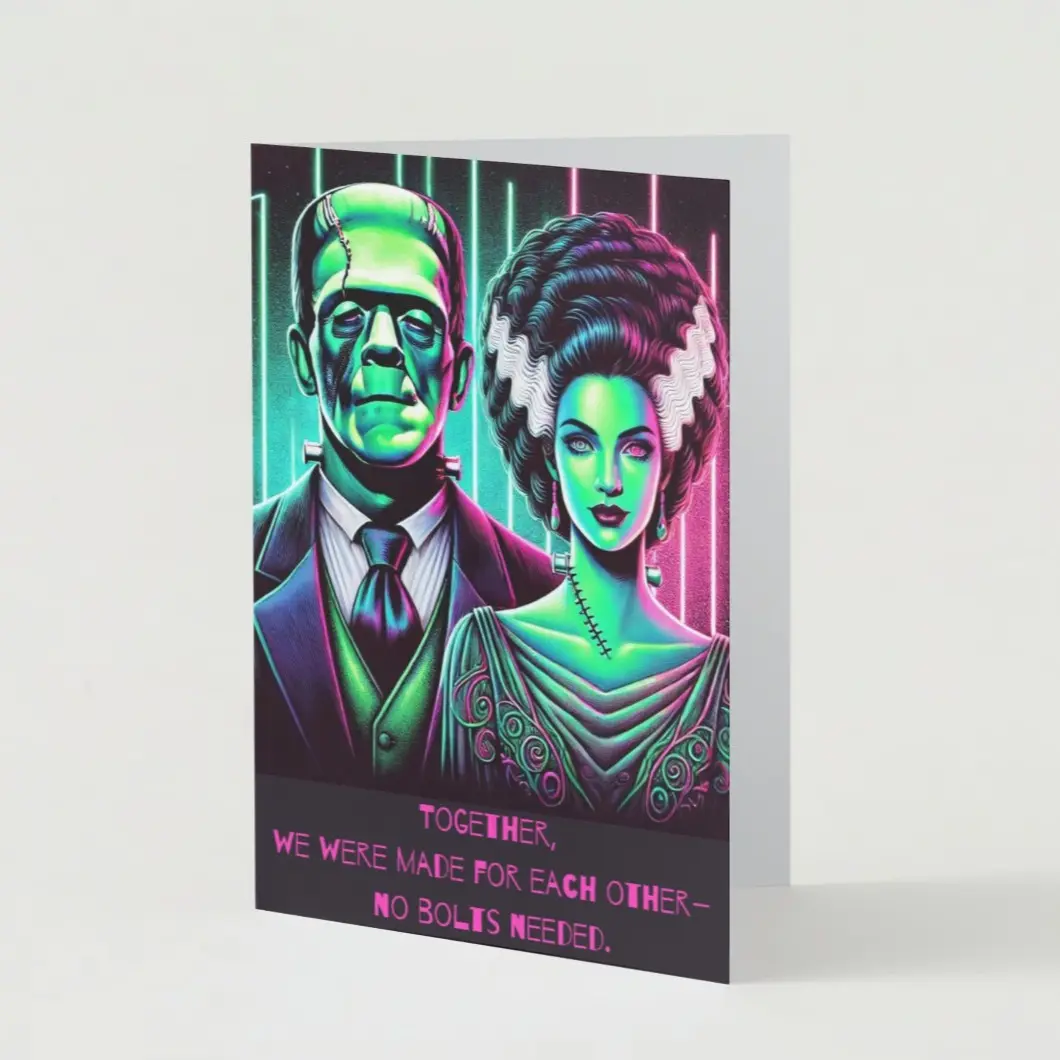 Frankenstein and Bride: A Love Electrified Horror Valentine's Day Card Set of 5 - Unique Design for Romantic Gifts valentine day valentine gift romantic gift Funny Anniversary