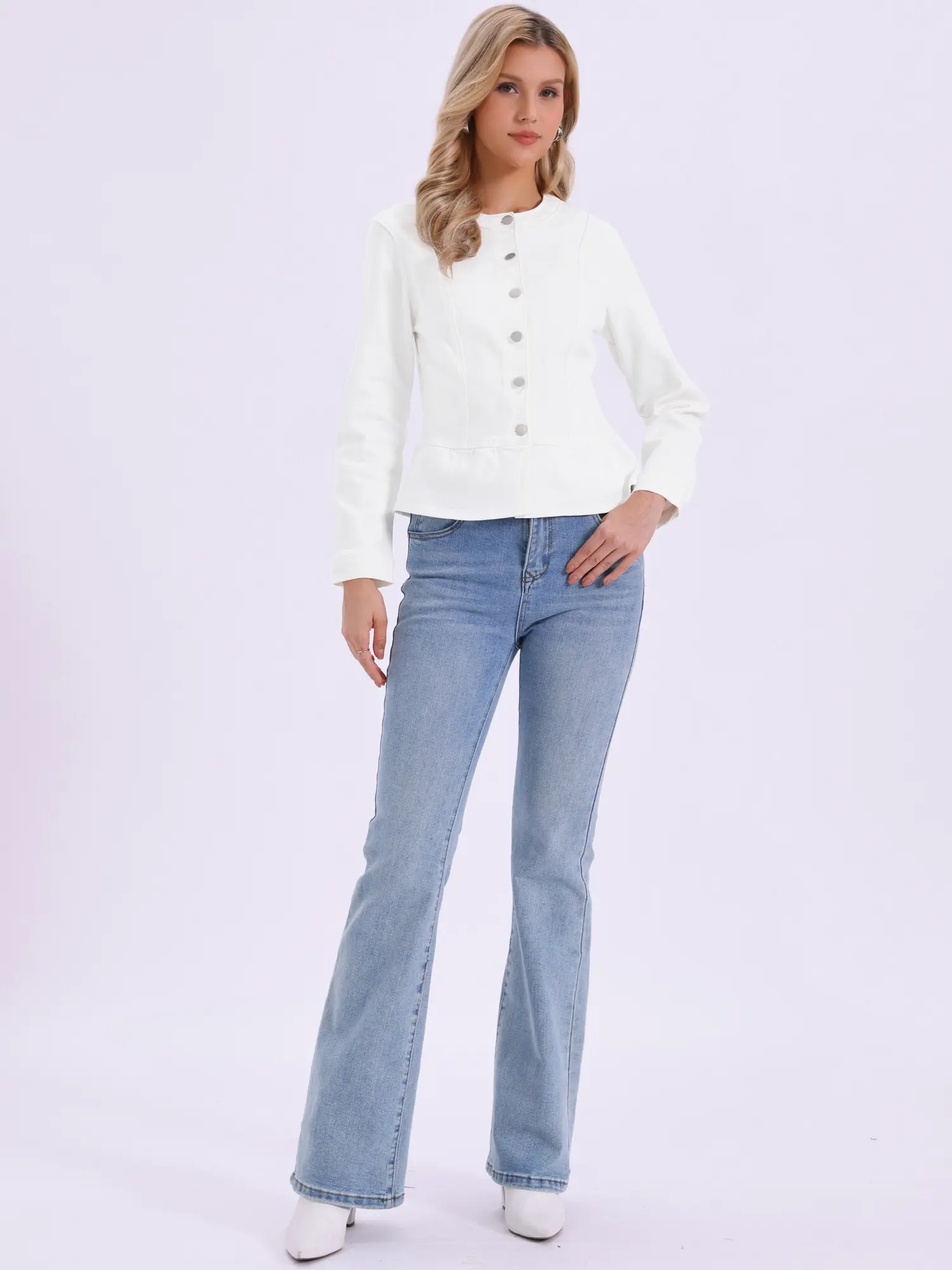 INSPIRE CHIC Denim Jacket for Women Peplum Hem Button Down Collarless Jean Jackets