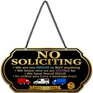 Funny No Soliciting Sign for Front Door 10 x 5 Inch Aluminum Metal Hanging Door Sign with Chain UV Printed Weatherproof Decorative Porch Sign for Home, Office, Gate or Fence