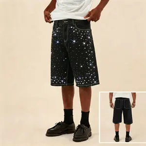Mens Baggy Denim Shorts Starry Rhinestone Design Black Embellished Soft Stretchy Comfortable Summer Streetwear Hip Hop Party Casual Shorts for Young Men Teens Daily Vacation Night Out Weekend outdoorfun