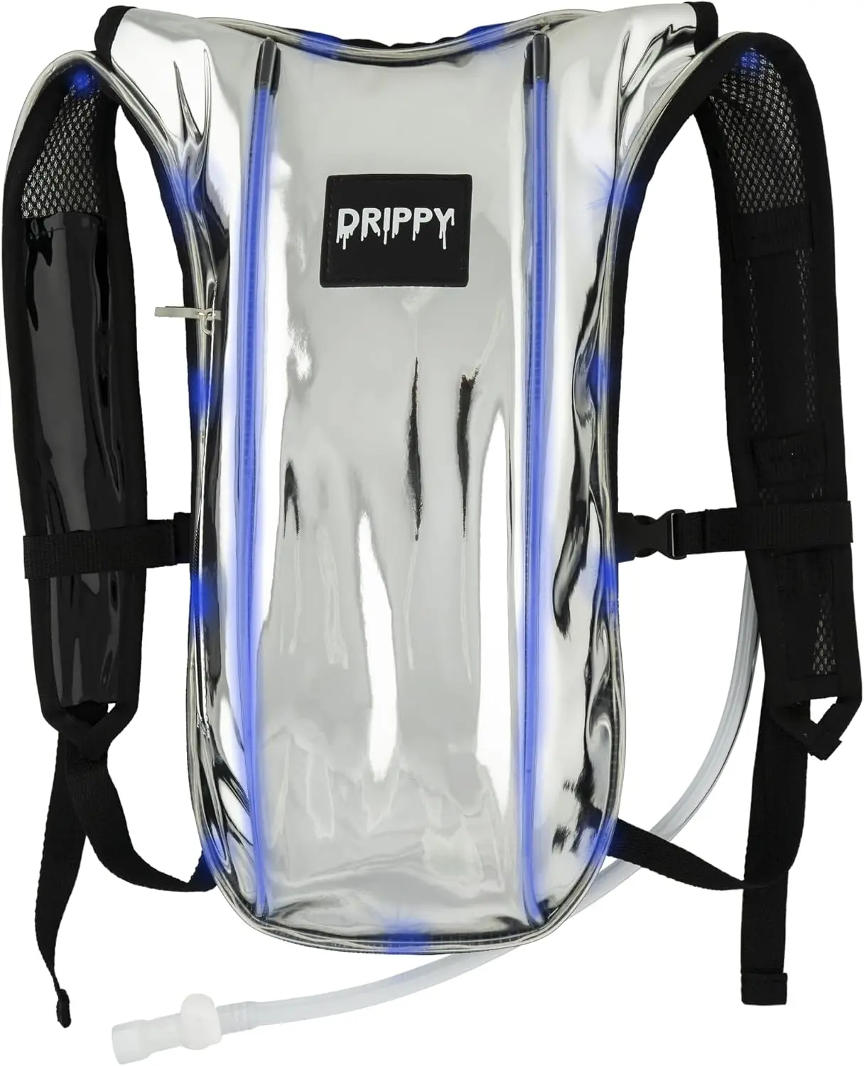 Drippy Silver LED Hydration Rave & Festival Bag - Lightweight 2L Bladder Backpack with Reflective Materials, Anti-theft Design, Water Resistant Zippers, and LED Lights for Safety