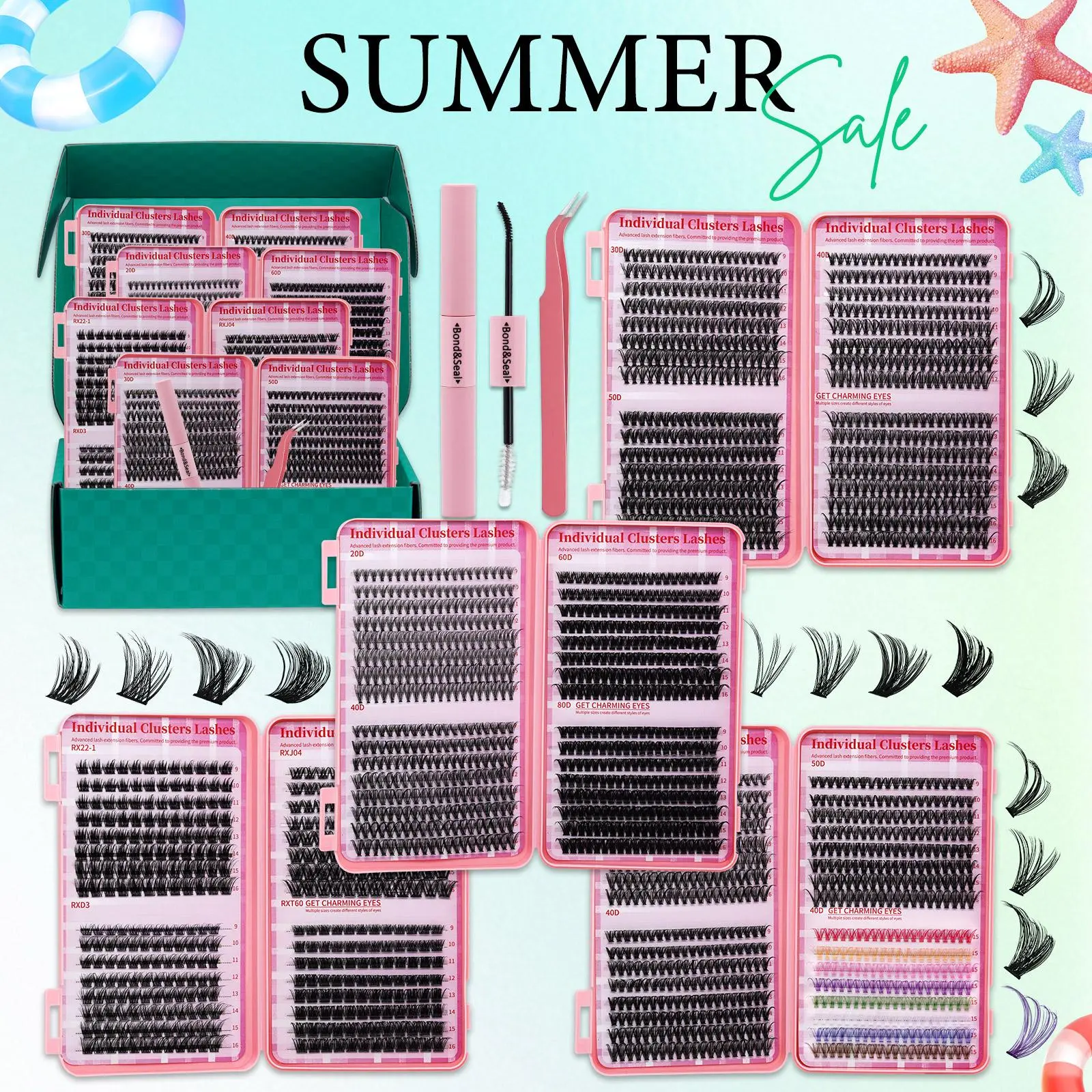 2304pcs Lashes Set, Diy Cluster Lash, Diy Personal Lashes, D Curl 11 Styles Individual False Eyelashes Mix 9-16mm Wispy Lashes Set with Eyelash Extension Glue & Tweezers, Diy Eyelash Extensions, DIY At Home, Fluffy Cluster Lashes