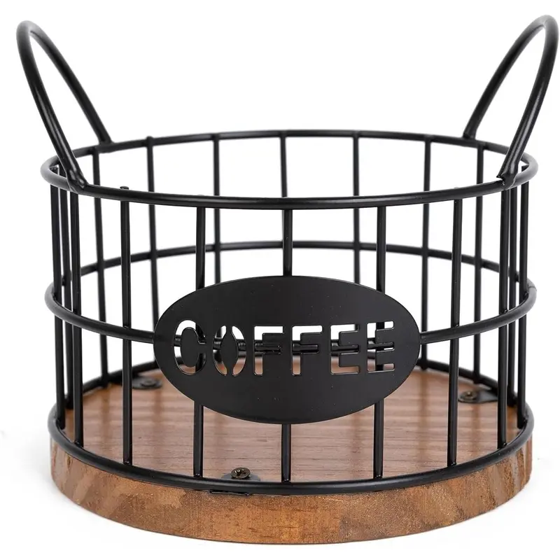 Coffee Pod Holder for Countertops, K-Cup Holder Storage Box, Sturdy K-Cup Storage Basket with Wooden Base, Coffee Pod Container for Kitchen Bar Counter Office Desktop (Black)