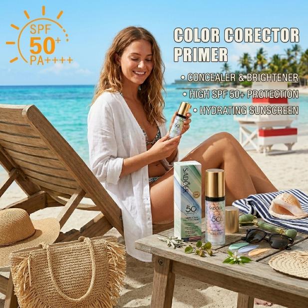 【BUY 1 GET 1 FREE】3-in-1 Color Correcting Primer with SPF50 PA+++ | Tone Correcting, Sun Protection, Hydrating Makeup Base, Compact Size