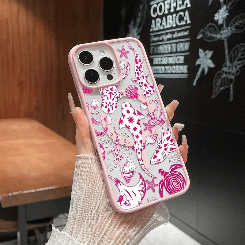 Aesthetic Magnetic Compatible Case for iPhone 17 Pro Max / 16 / 15 Pro Max / 15 / 14 / 13 / 12 / 11 / XS / XR – pink whale shark Print | Shockproof Silicone Lightweight Scratch-Resistant Protection