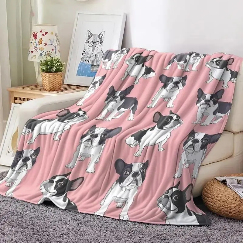 Boston Terrier Pattern Blanket, 1 Count Soft Warm Throw Blanket, Air-conditioned Room Blanket, Warm Nap Blanket for Home & Office, Flannel Cozy Blanket, Flannel Blankets