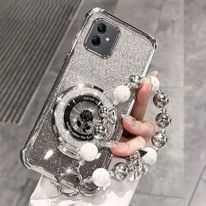 Glitter Black Rose Kickstand Phone Case with Pearl Bracelet for Samsung Galaxy A05/A05s/A06 Accessories