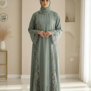 Dubai Kaftan Abaya Set with Embroidered Details - 3 Piece Double Set Including Abaya and Matching Hijab for Special Occasions