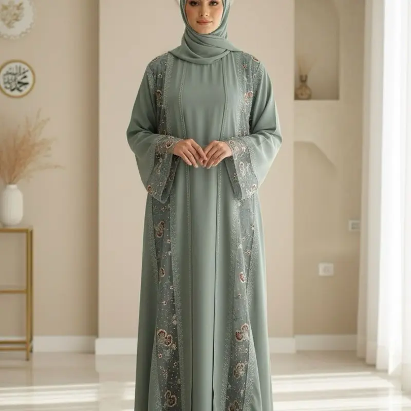 Dubai Kaftan Abaya Set with Embroidered Details - 3 Piece Double Set Including Abaya and Matching Hijab for Special Occasions