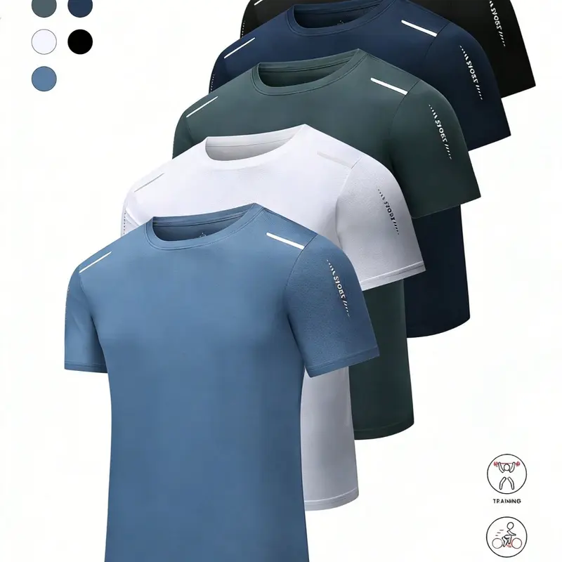 Men’s Ice Silk Quick-Dry Sports Short-Sleeve T-Shirt Set, Reflective Stripes, Breathable, 5 Pieces Fitness Training Clothes Gym Apparel