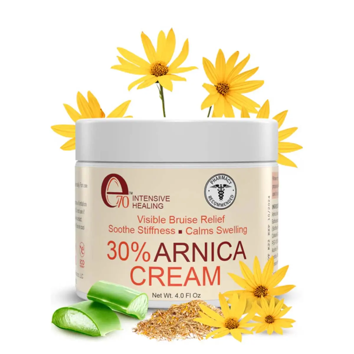 e70 Intensive Healing Arnica Cream - 30% Arnica + Vitamin K & Hyaluronic Acid for Bruise Relief, Muscle & Joint Support - Soothing Cream for Sore Areas, 4 fl. oz