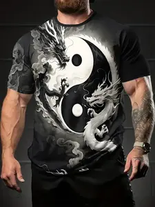 Men's 3D Digital Print T-Shirt, Casual Streetwear Fitted Short Sleeve Round Neck, 100% Polyester, Perfect Holiday Gift for Men