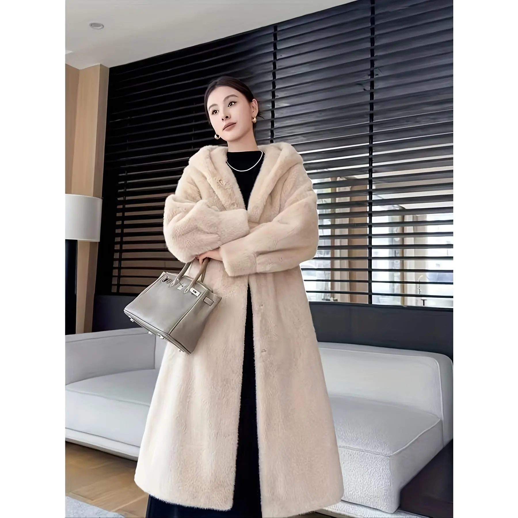 Women's Winter Warm Windproof Long Coat Korean Style Loose Fit Faux Fur-Lined Hooded Jacket with Tassel Trim Solid Color Casual Outerwear for Fall/Winter