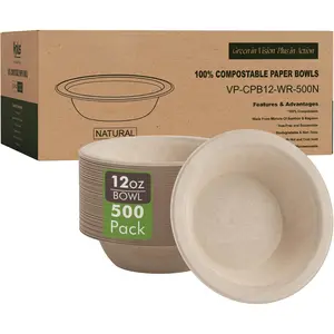 500 Pack 12 OZ Paper Bowls Bulk, Disposable Compostable,  Bagasse, Heavy-duty Bowls  for Milk Cereals, Snacks, Salads Nature