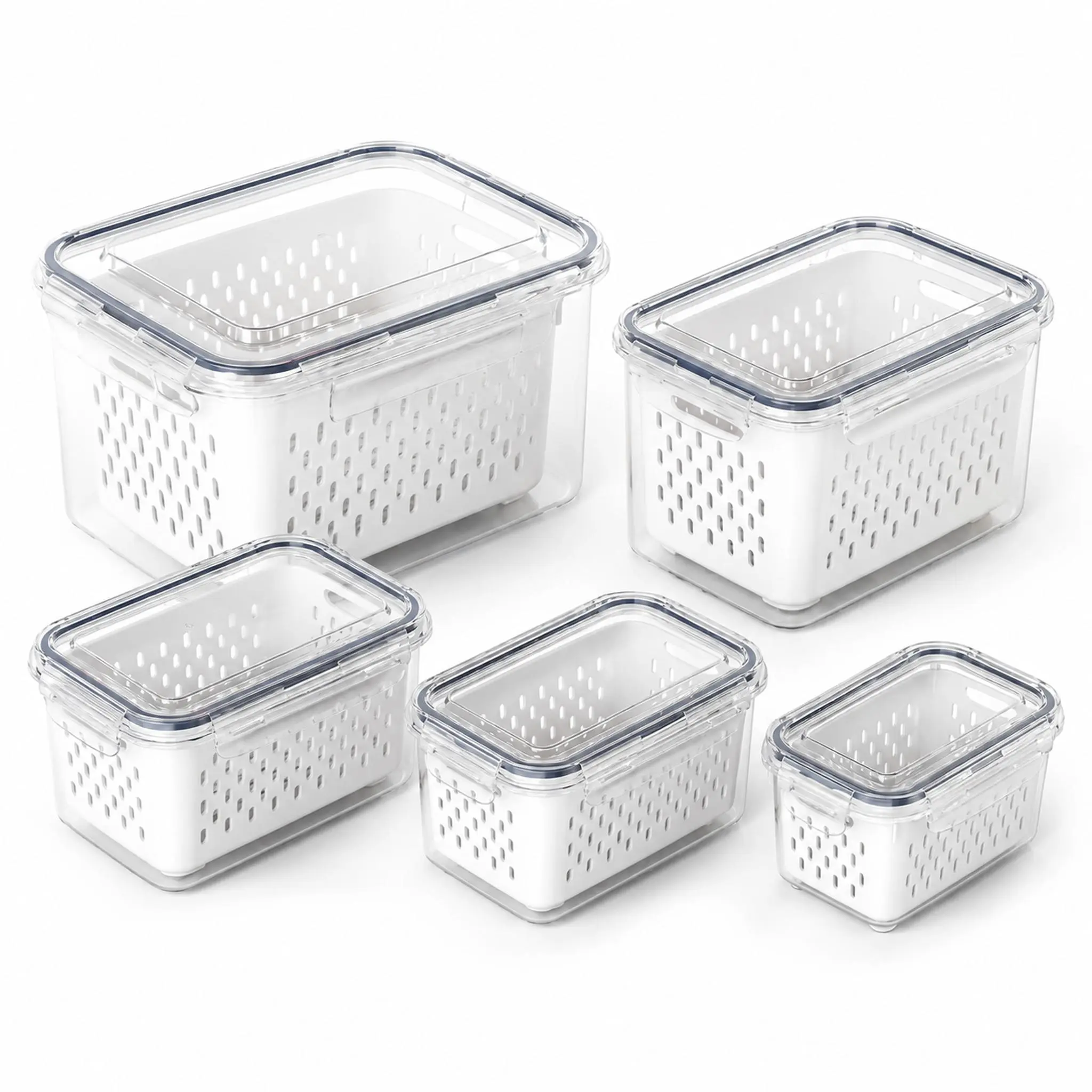 Stackable Refrigerator Food Storage Containers with Sealed Lids, Double-Layer Colander Produce Savers, Multi-Size Drain Baskets for Fridge Organization