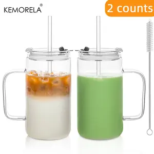2 Counts 24oz Aesthetic Glass Cups with Handle, Lid & Straw, Large Reusable Iced Coffee Tumblers for Tea and Smoothies, Tumbler Water Bottle, Cute Drinking Cups for Water and Milk, Hydration Tumbler
