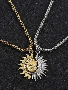 2-Piece Sun & Moon Couple Necklace Set, Layered necklaces, with gold and silver pendants, Vintage gothic stainless steel with asymmetrical starry sky design, matching jewelry for couples, Ideal fashion accessory and 520, Valentine's Day gift