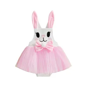 Infant Baby Girl Easter Romper Dress Spring Sleeveless Square Neck Rabbit Jumpsuit