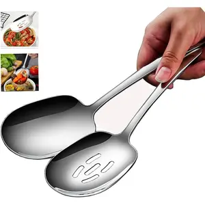 Extra Large 18/8 Stainless Steel Serving Spoons Set 9.8 Inch Slotted and Solid Buffet Spoons Tabletop Flatware Utensil 2pack